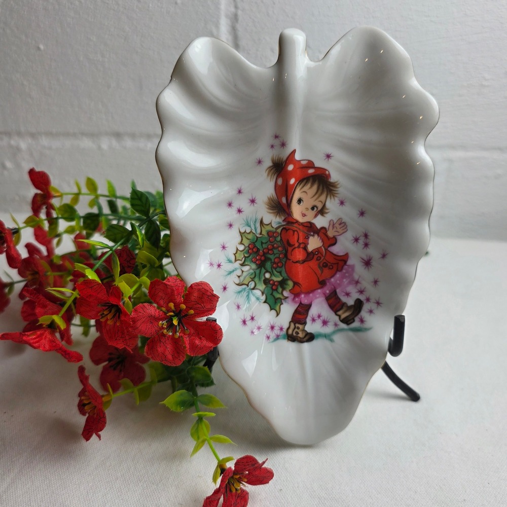 Vintage Lefton China Hand Painted Leaf Trinket Dish Girl with Holly Christmas
